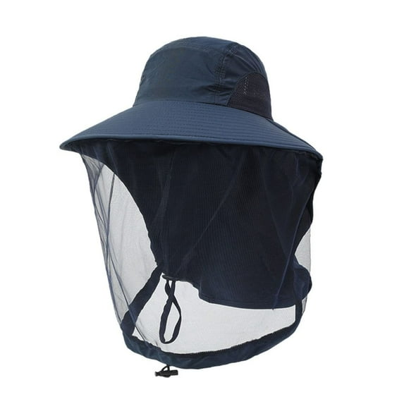Summer Face Neck Protection Outdoor Insect Proof Cap Bucket Hat Mosquito Hat Fishing Sun Cap NAVY BLUE