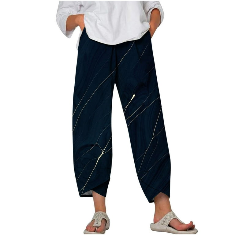 Summer/Fall Cotton Linen Capri Pants for Women Loose Cropped Stretch  Tapered Lantern Harem Pants Capris, Ladies Comfy Loose Fit Beach Pants with  Pockets Wide Leg Pants, Navy&XXL 
