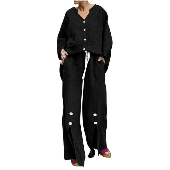 Summer Fall Outfits For Women 2 Piece Cotton Linen Set Plus Size Shirts Wide Leg Pants Tracksuit Collared V Neck Casual Loose Trendy Suit Set,Black,S