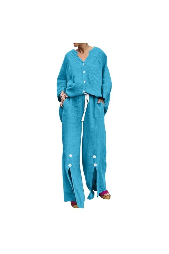 Summer Fall Outfits For Women 2 Piece Cotton Linen Set Plus Size Shirts Wide Leg Pants Tracksuit Collared V Neck Casual Loose Trendy Suit Set,Blue,XL