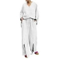 thumbnail image 1 of Summer Fall Outfits For Women 2 Piece Cotton Linen Set Plus Size Shirts Wide Leg Pants Tracksuit Collared V Neck Casual Loose Trendy Suit Set,White,M, 1 of 3