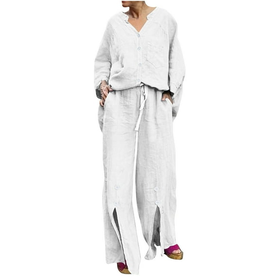 Summer Fall Outfits For Women 2 Piece Cotton Linen Set Plus Size Shirts Wide Leg Pants Tracksuit Collared V Neck Casual Loose Trendy Suit Set,White,2XL