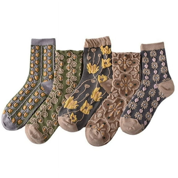 Summer Fall Saving Womens Floral Cotton Socks, 5 Pairs Vintage Embroidered Floral Socks, Warm Vintage Floral Socks For Winter Vintage Court Embossed Socks Girls Middle Tube Multicolored Free Size