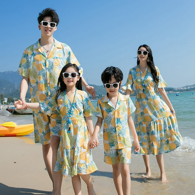 Summer Family Matching Outfit Mum Daughter Bohemian Beach Dresses Dad Son Foloral Shirt Shorts Couple Outfits Holiday Seaside Walmart