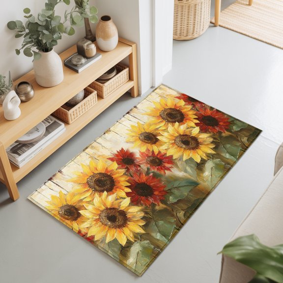 Summer Farm Blossom Sunflower Rectangle Area Rug 2x3ft,Living Room Rug Non-Slip Washable Circle Rugs Pad,Watercolor Floral Wood Grain Soft Floor Carpet for Bedroom Dining Room