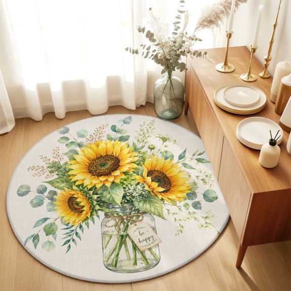 Summer Farm Blossom Sunflower Round Area Rug 3ft,Living Room Rug Non-Slip Washable Circle Rugs Pad,Eucalyptus Leaves Floral Burlap Soft Floor Carpet for Bedroom Dining Room