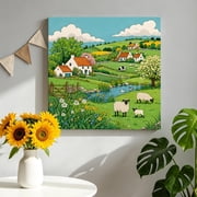 Summer Farm Canvas Wall Art for Living Room, Country Farmhouse Sheep Wildflower Tree River Sky Poster Print Painting for Nightstand Bathroom Collage Decoration Wall Pictures Prepare To Hang 8"x8"