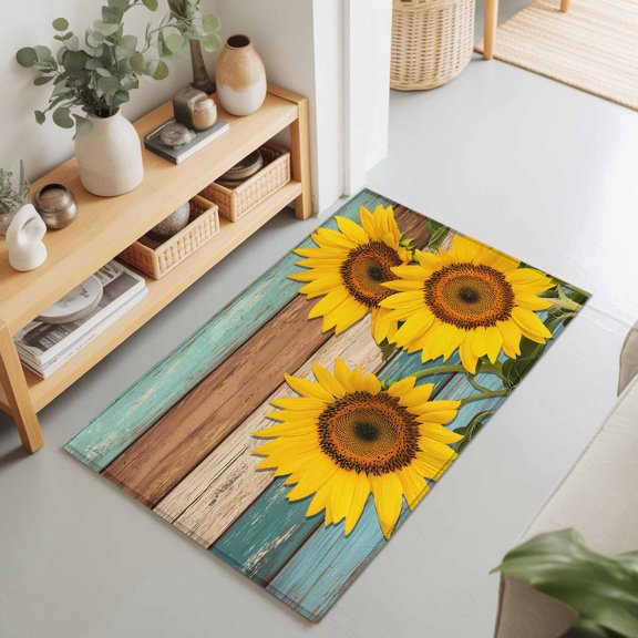 Summer Farm Sunflower Rectangle Area Rug 2x3ft,Living Room Rug Non-Slip Washable Circle Rugs Pad,Country Floral on Shabby Wood Soft Floor Carpet for Bedroom Dining Room