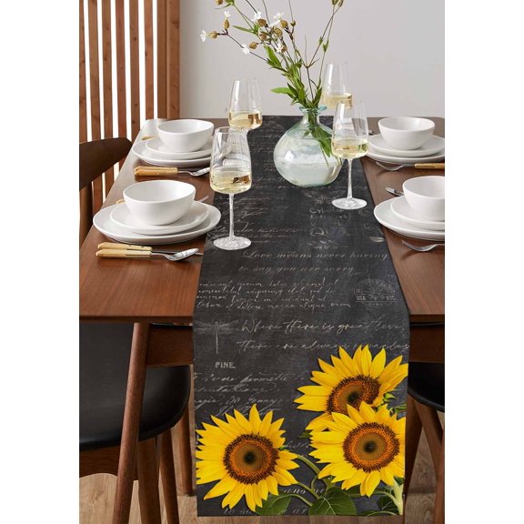 Summer Farm Sunflower Table Runner 13x72in Non-Slip Cotton Linen Table Runners, Country Floral on Blackboard Dresser Scarves TableRunner for Dinner Kitchen Dining Wedding Party