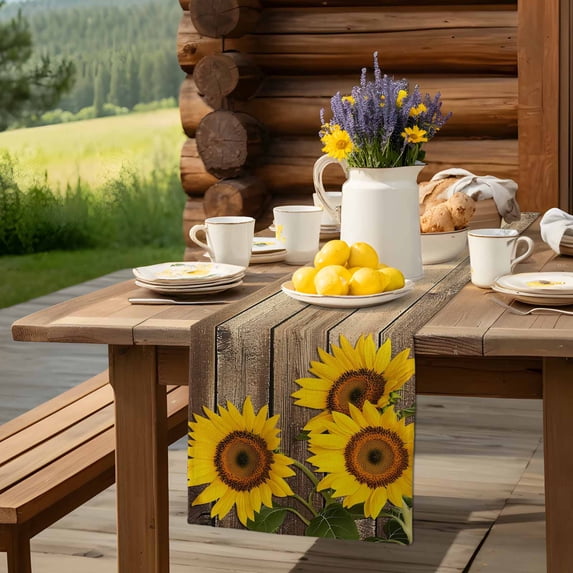 Summer Farm Sunflower Table Runner 13x72in Non-Slip Cotton Linen Table Runners, Country Floral on Wood Board Dresser Scarves TableRunner for Dinner Kitchen Dining Wedding Party