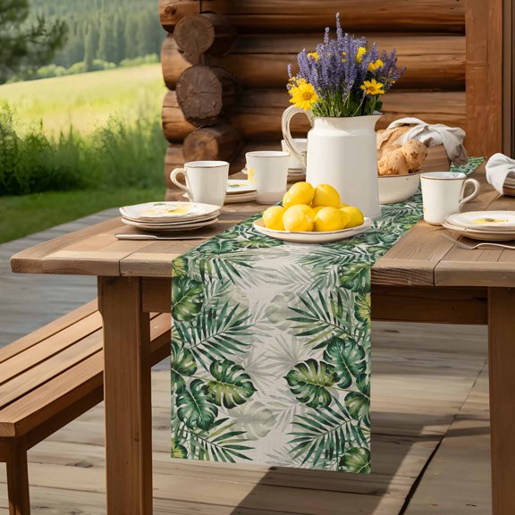 Summer Farm Tropical Leaves Table Runner 13x48in Non-Slip Cotton Linen Table Runners, Watercolor Palm Leaf Dresser Scarves TableRunner for Dinner Kitchen Dining Wedding Party