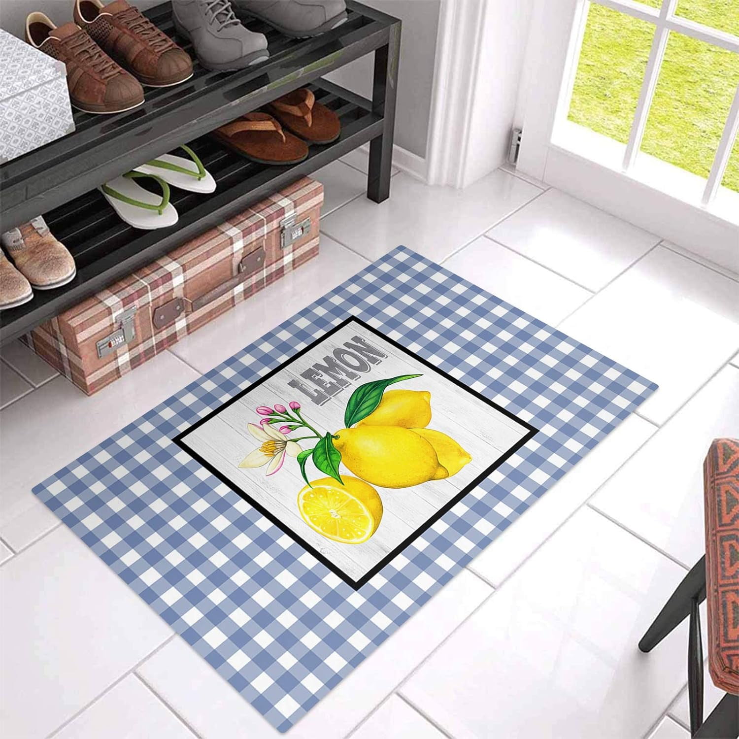 Summer Farm Yellow Lemons Wood Grain Door Mat, Entrance Doormat