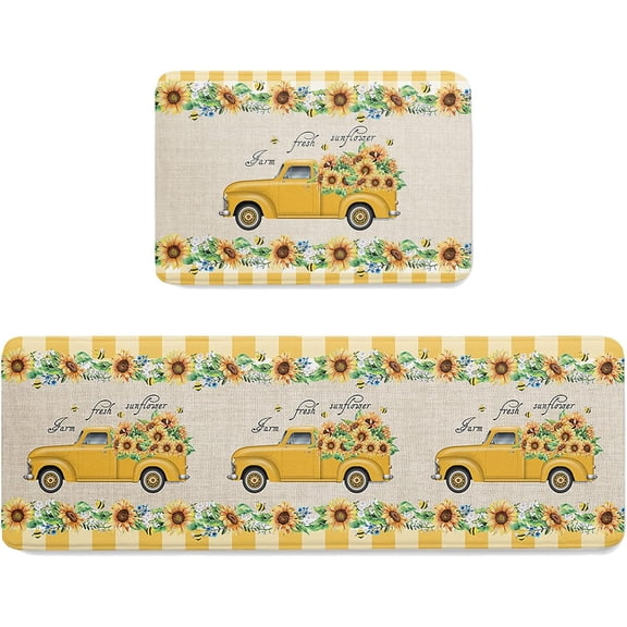 Summer Farm Yellow Truck Sunflower Bees Kitchen Floor Mats, Buffalo Check Wood Grain 2 PCS Anti Fatigue Area Runner Rugs Set Non-Slip Bathroom Comfort Standing Mat Home Decor