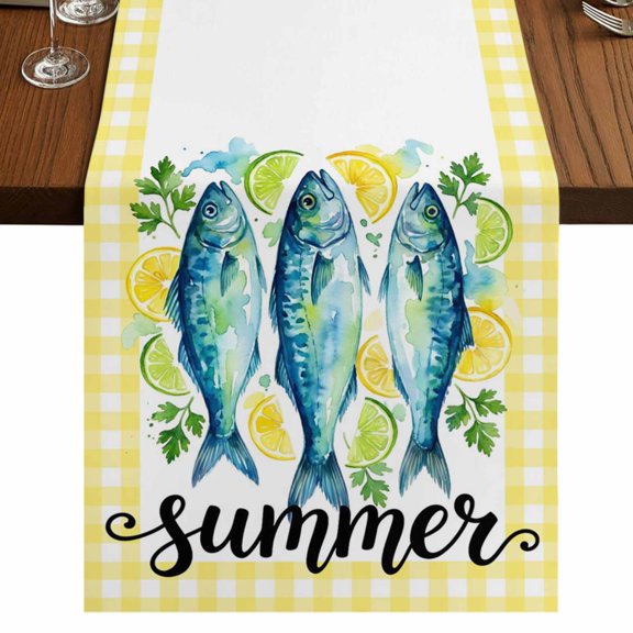 Summer Farmhouse Burlap Cotton Table Runner 13x48 Inches Long, Blue Fish Lemon Mint Leaves Yellow Plaid Farmhouse Table Runners, Outdoor Dining Tablecloths Decor for Baby Shower/Party/Wedding