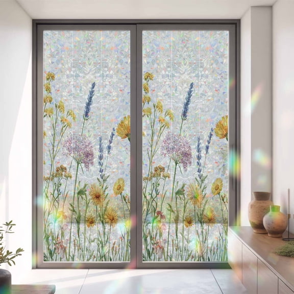 Summer Farmhouse Floral Herb Window Privacy Film,Decorative Windows Static Cling Country WildFlower Plant Heat Control Removable Glass Sticker for Home Bathroom Bedroom Window Door,35x79in