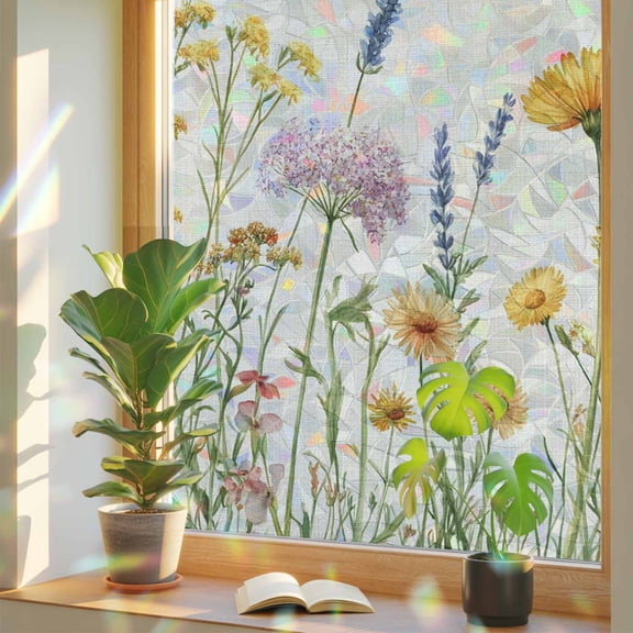 Summer Farmhouse Floral Herb Window Privacy Film, Rainbow Film Decorative Window Sticker 17.7x39.3in, Country WildFlower Plant Sun Blocking Static Stained Glass Cling Tint Non-Adhesive