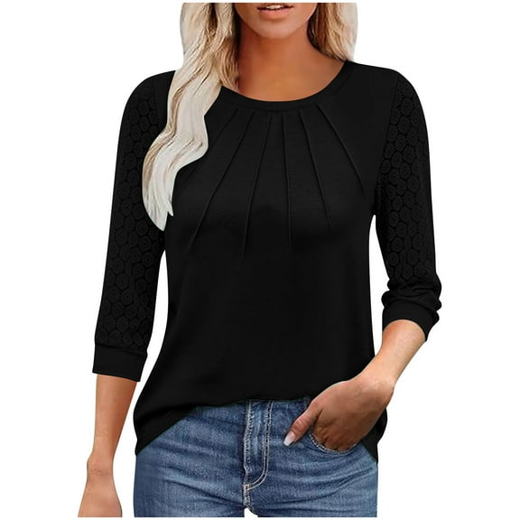 Summer Fashion 3/4 Sleeve T Shirts for Women Plus Size Casual Loose Solid Color Crew-neck Lace