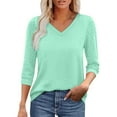 thumbnail image 1 of Summer Fashion 3/4 Sleeve T Shirts for Women Plus Size Casual Loose Solid Color V-neck Lace, 1 of 8