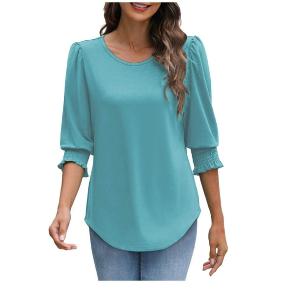 Summer Fashion 3/4 Sleeve T Shirts for Women Plus Size Casual Printed Smocked Cuffs