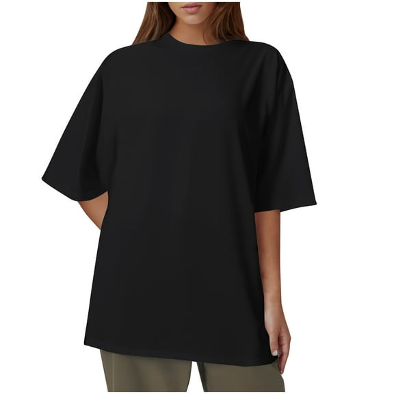 Summer Fashion 3/4 Sleeve T Shirts for Women Plus Size New Solid Color Crew neck Loose Cotton And Linen Button Up Clearance Under 10$!