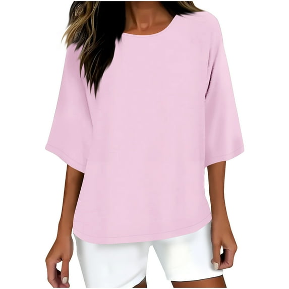 Summer Fashion 3/4 Sleeve T Shirts for Women Plus Size Solid Color Crew Neck Casual