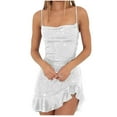 thumbnail image 1 of Summer Fashion, Ahuyic 2024 Women's Sequin Sparkly Dress Spaghetti Straps Glitter Ruched Cocktail Mini Ruffled Hem Bodycon Dresses White M, 1 of 5