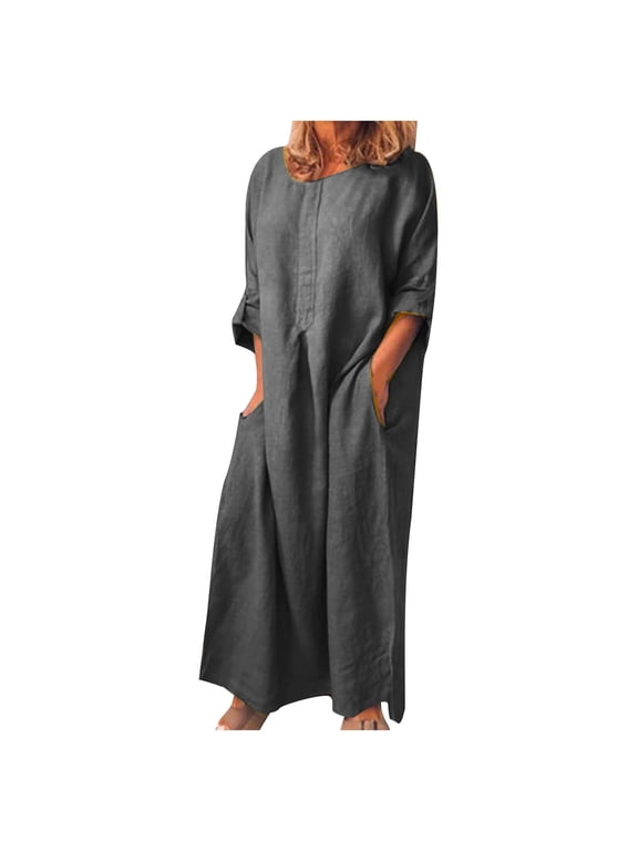 Summer Fashion, Ahuyic Summer Dresses for Women V Neck Long Sleeve Casual Shift Dress Beach Dress Gray B XL