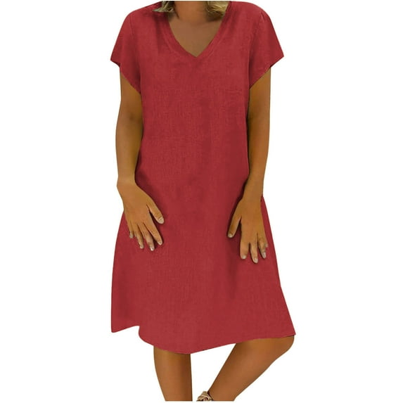 Summer Fashion, Ahuyic Women's Cotton Linen Midi Dress V Neck Short Sleeve Causal Loose T Shirt Dresses Summer Beach Dress Red A 2XL