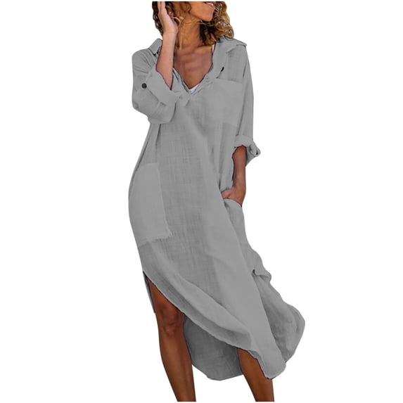 Summer Fashion, Ahuyic Womens Casual Loose Cotton Linen Long Shirt Dress Lapel Button Cuffed Sleeve Side Split Dresses with Pockets Gray L