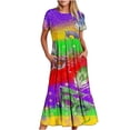 thumbnail image 1 of Summer Fashion Beach Dress for Womenm Plus Size Mardi Gras Printed Carnival Short Sleeve Crewneck Dress Casual Flowy Tiered Maxi Beach Dress With Pockets Present for Women on Sale, 1 of 6