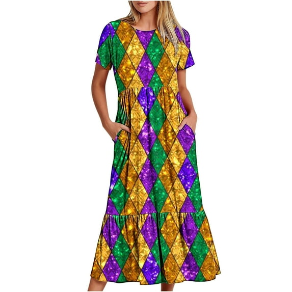 Summer Fashion Beach Dress for Womenm Plus Size Mardi Gras Printed Carnival Short Sleeve Crewneck Dress Casual Flowy Tiered Maxi Beach Dress With Pockets Present for Women on Sale