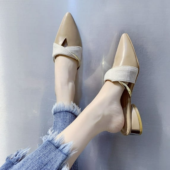 Summer Fashion Beach Sandals For Woman Casual Solid Color Versatile Pointed Toe Outer Wear Thick Heel Metal Plus Size Toe Cap Half Slippers Sandals For Women Khaki∣ Size 8.5