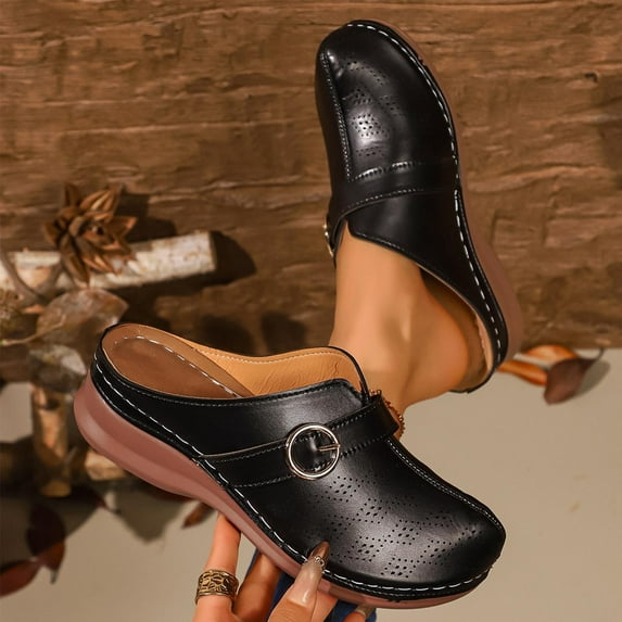 Summer Fashion Beach Sandals For Woman Casual Versatile Solid Color Open Toe Trendy One-Strap Slippers Wedge Heels Shoes Summer Slippers Black∣ Size 5.5