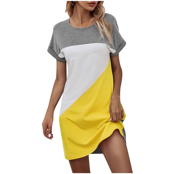 Summer Fashion Dresses for Women 2024 Plus Size Short-sleeved Round Neck Classic Color Contrast Patchwork Color Loose Solid Color Large-size Dress Short-sleeved Round Neck Mid-calf Dress