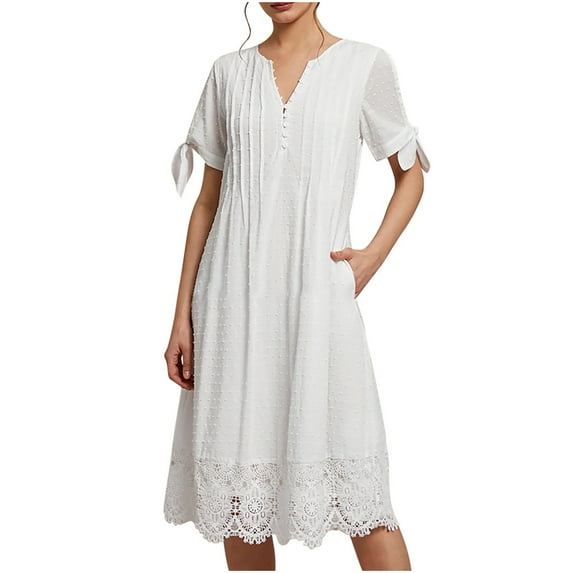 Summer Fashion Dresses for Womens 2024 Plus Size Solid Color Lace Midi Dress Short Sleeve V-neck Mid-calf Dress Gift for Women Womens Plus $15 & Under