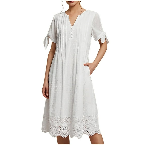 Summer Fashion Dresses for Womens 2024 Plus Size Solid Color Lace Midi Dress Short Sleeve V-neck Mid-calf Dress Gift for Women Womens Plus $15 & Under