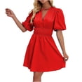thumbnail image 1 of Summer Fashion Dresses for Womens 2024 Plus Size V-Neck Puffy Sleeves Temperament Pleated High-waisted Mini Dress Solid Color Short-sleeved V-neck Dress Gift for Women Womens Plus $15 & Under, 1 of 4
