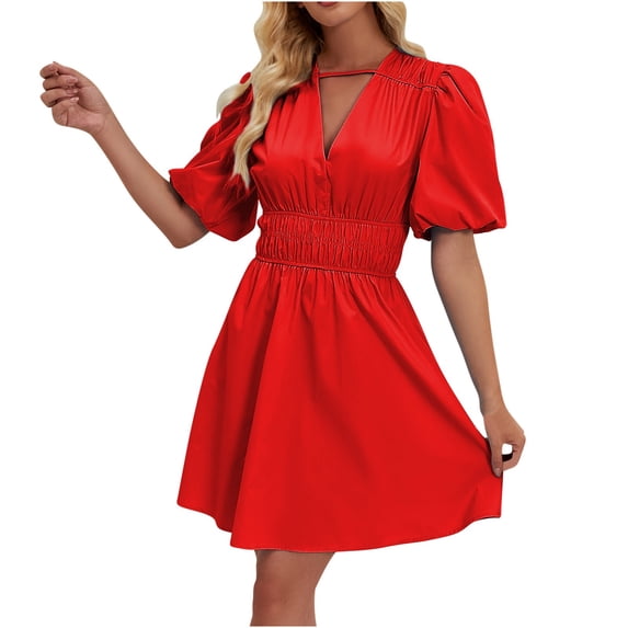 Summer Fashion Dresses for Womens 2024 Plus Size V-Neck Puffy Sleeves Temperament Pleated High-waisted Mini Dress Solid Color Short-sleeved V-neck Dress Gift for Women Womens Plus $15 & Under