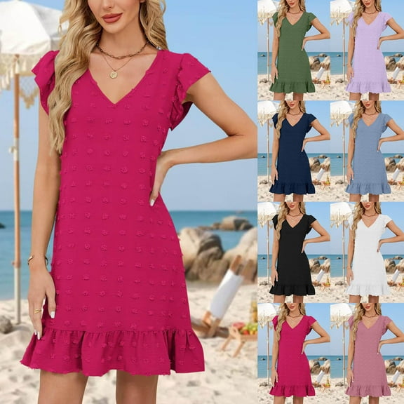 Summer Fashion Dresses for Women Plus Size Casual Short Sleeve Solid V-Neck Dress Price Reduction Alert:50% Off!