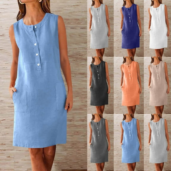 Summer Fashion Dresses for Women Plus Size Round-Neck Pockets Button Solid Sleeveless Price Reduction Alert:50% Off!
