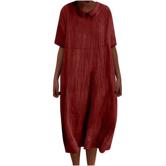 Summer Fashion Dresses for Women Plus Size Solid Color Lapel Doll Tie Pocket Loose Casual Cotton And Linen Price Reduction Alert:50% Off!