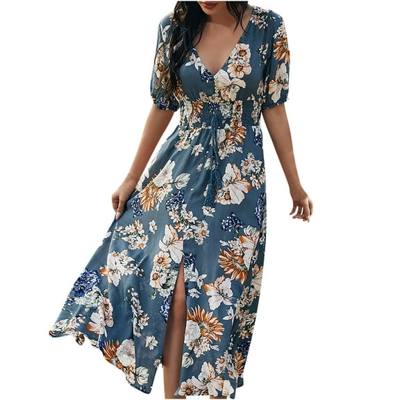 Summer Fashion Dresses for Womens 2024 Plus Size Midi Floral Print Short-sleeved V-neck Midcalf Dress Gift for Women Womens Plus $15 & Under