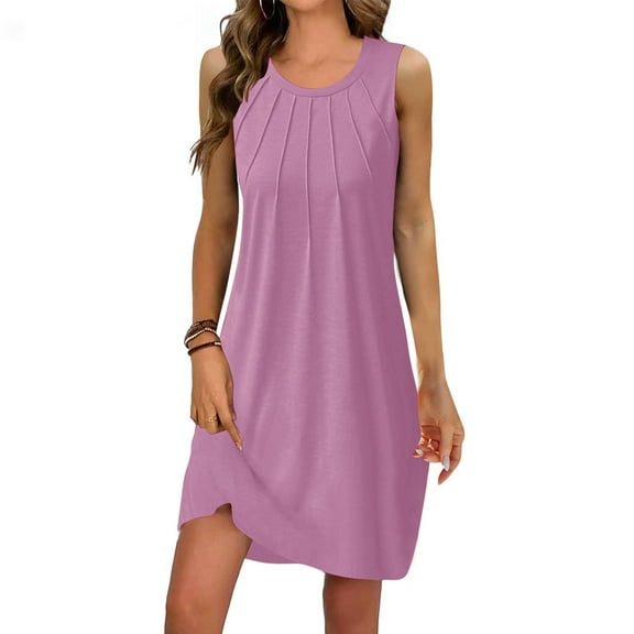 Summer Fashion Dresses for Womens 2025 Oversize Solid Color Sleeveless Round Neck Pleated Dress