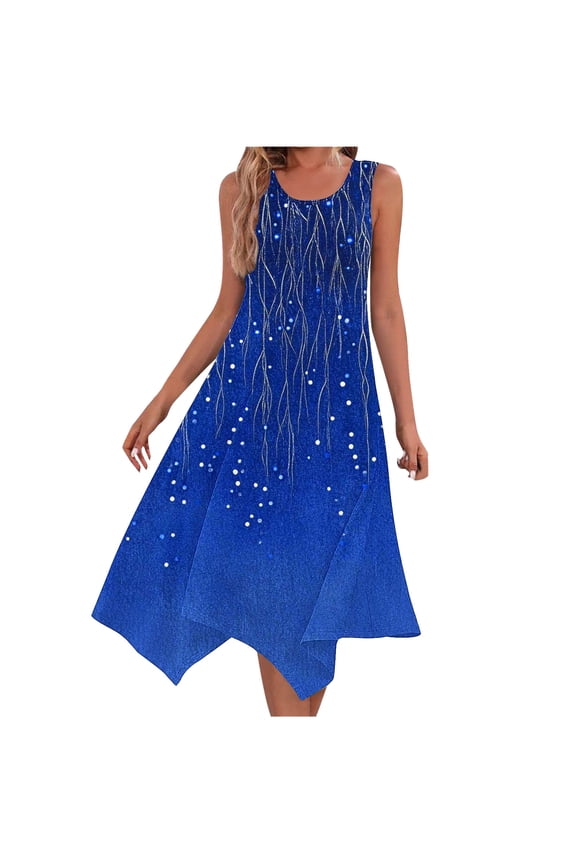 Summer Fashion Dresses for Womens 2026 Plus Size Beach Printing Pockets Tank Round-Neck Sleeveless Tank Dresses