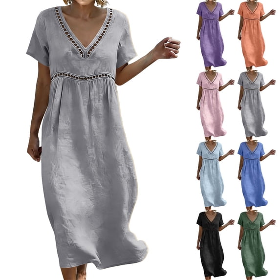Summer Fashion Dresses for Womens 2026 Plus Size Cotton And Linen Solid Color Dress Short Sleeved V-neck Lace Trimmed Loose Casual Summer Beach Dress