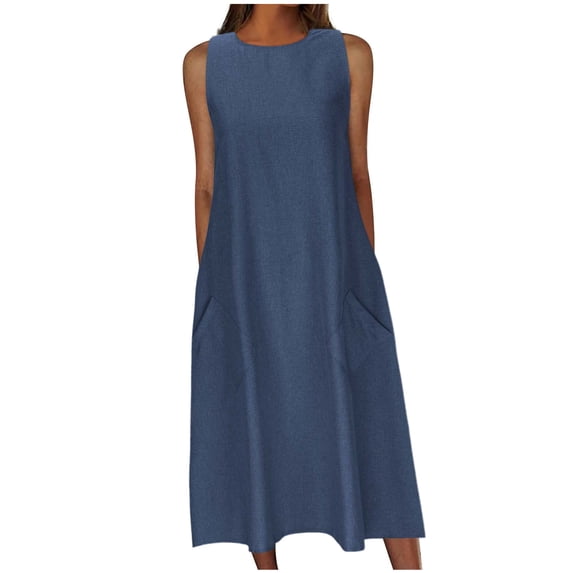 Summer Fashion Dresses for Womens 2026 Plus Size Loose And Comfortable Solid Color Pocket Sleeveless Round Neck Dress