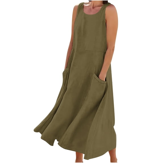 Summer Fashion Dresses for Womens 2026 Plus Size Sleeveless Cotton And Linen Round Neck Solid Color Long Dress With Pocket