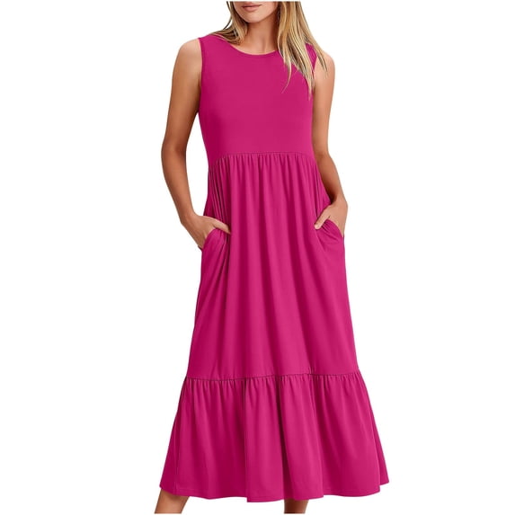 Summer Fashion Dresses for Womens 2026 Plus Size Sleeveless Pocket Round Neck Solid Loose Long Dress