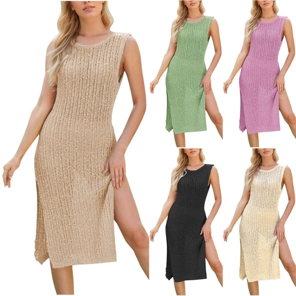 Summer Fashion Dresses for Womens 2026 Plus Size Solid Color Round Neck Sleeveless Split Fork Medium Length Knitting Dress