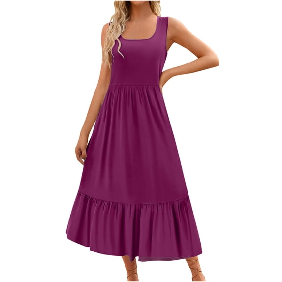 Summer Fashion Dresses for Womens 2026 Plus Size Solid Color Sleeveless Round Neck Pleated Dresses Mini Dress